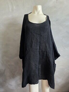 JS Millenium Women's Black Crop Top  Linen Cotton Minimal Blouse Boxy Lagenlook